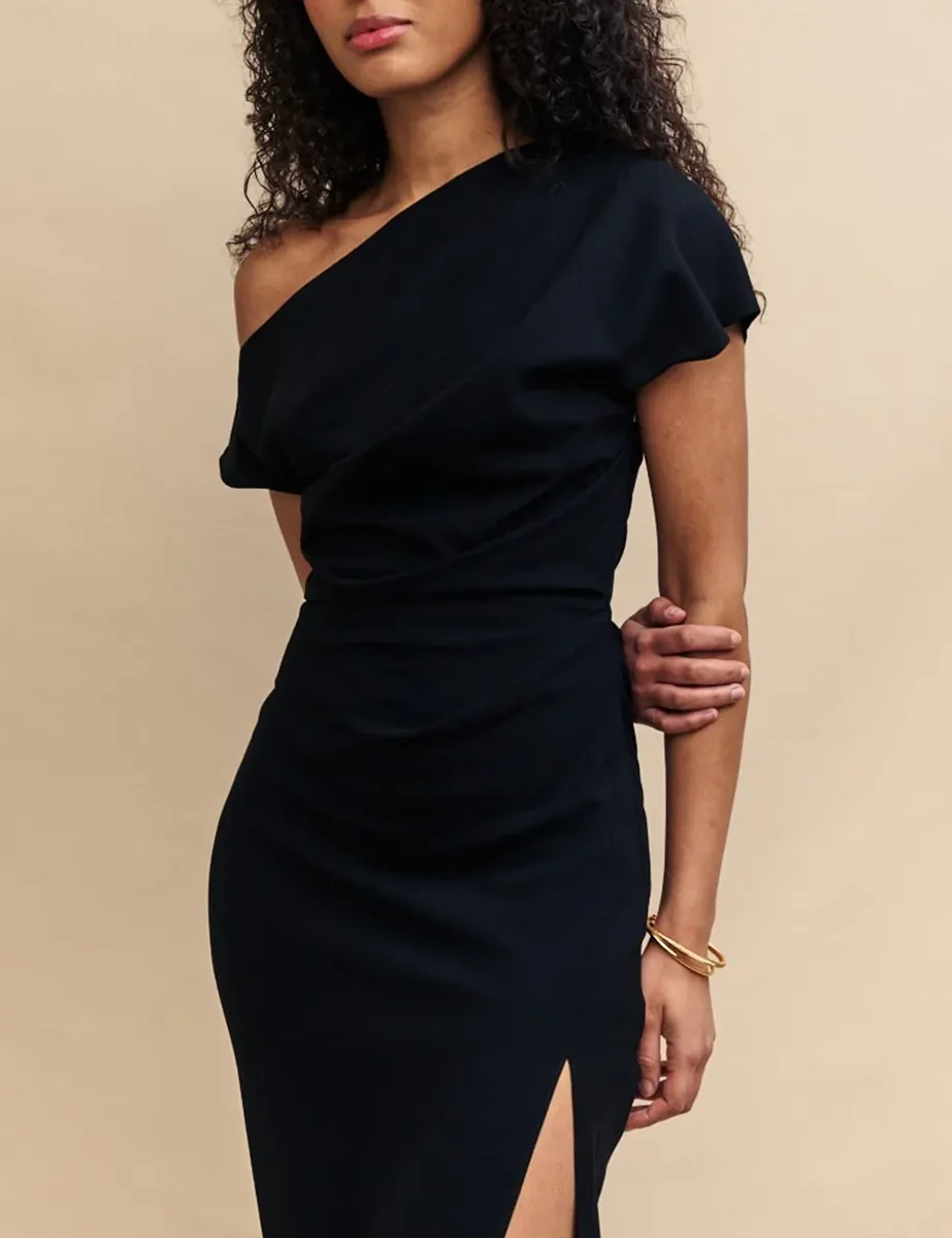 Black One Shoulder Slit Maxi Dress