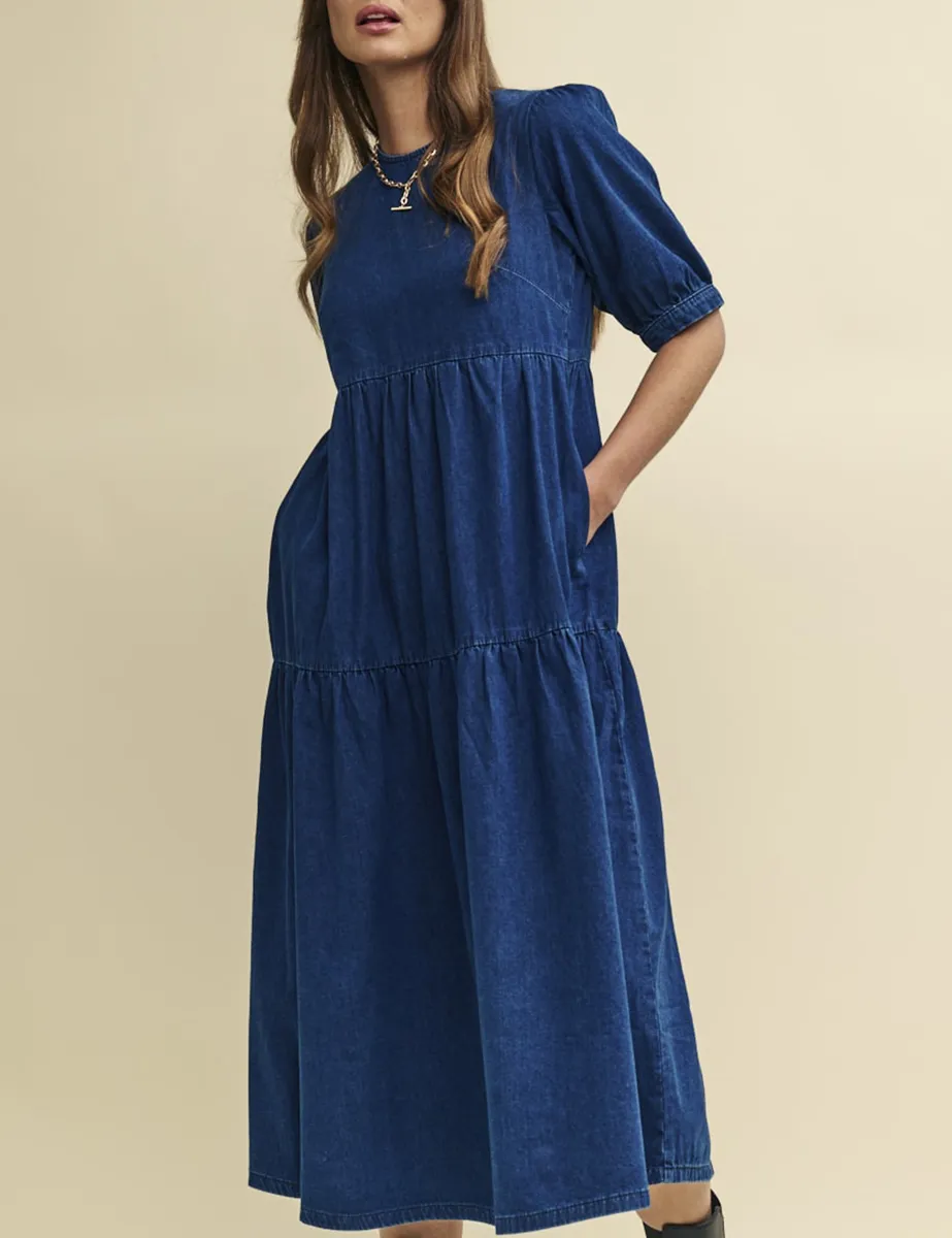 Denim Tiered Skirt Midi Dress