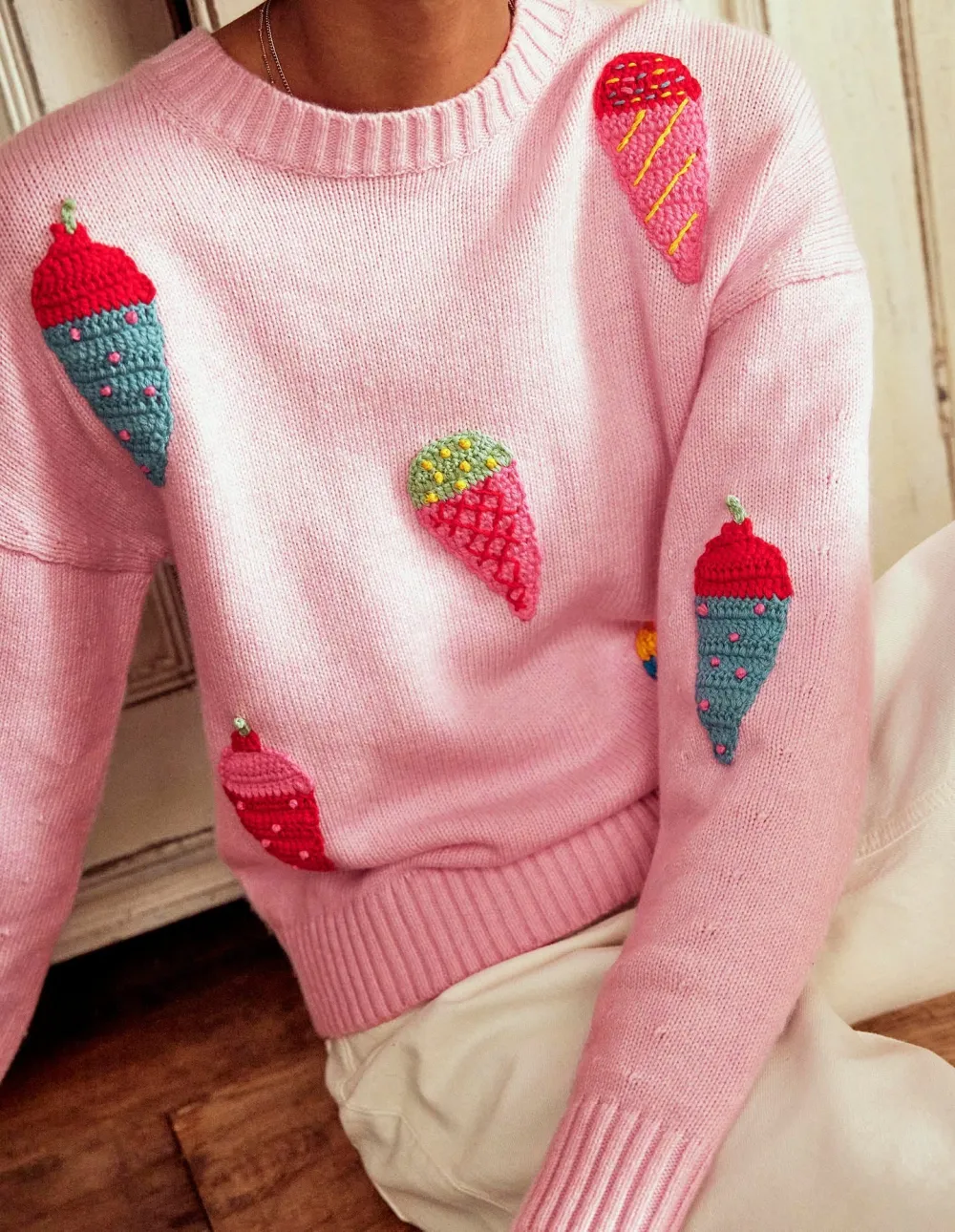Pink Ice - Cream Embroidered Crew - Neck Sweater