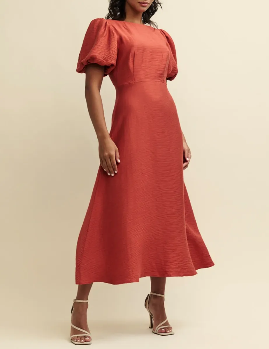 Puff Sleeve Textured Midi Dress