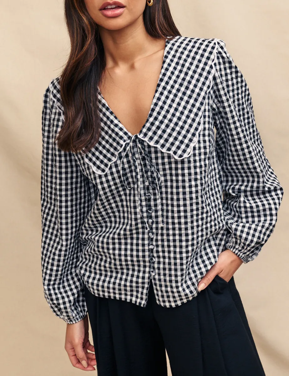 Black Gingham Long Sleeve Blouse