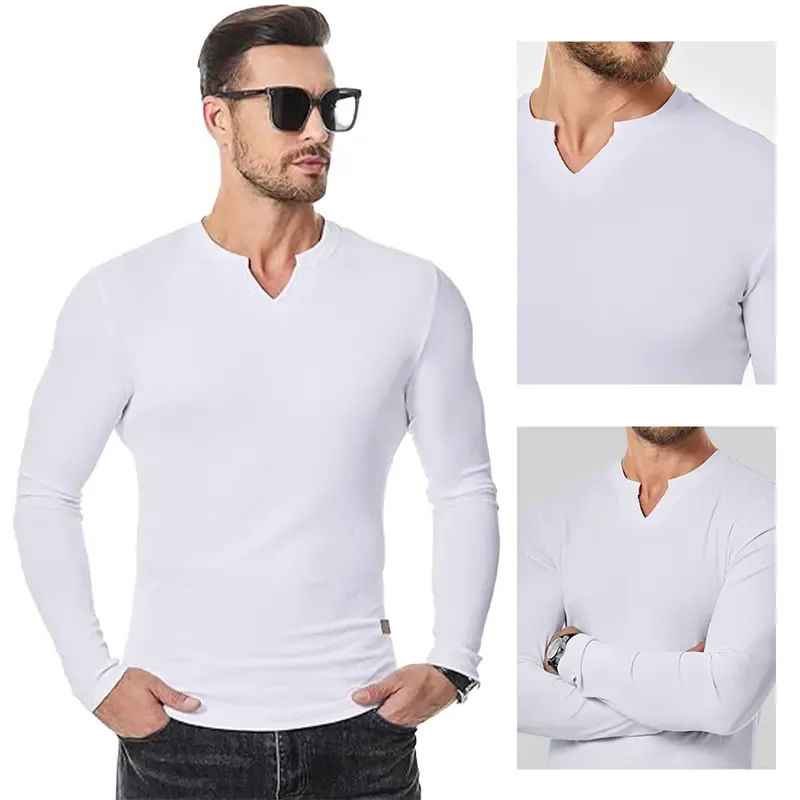 Mens Long Sleeve Muscle V-Neck Longline Ribbed Tee Shirts
