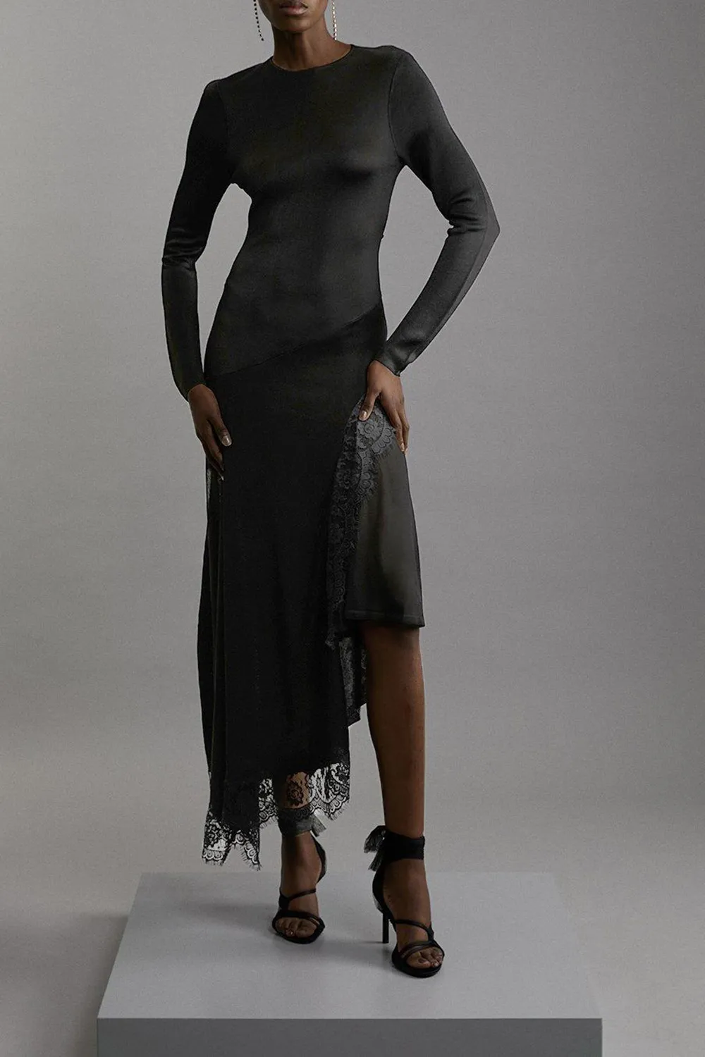 Viscose Blend Slinky Sheer Lace Detail Asymmetric Knit Midaxi Dress