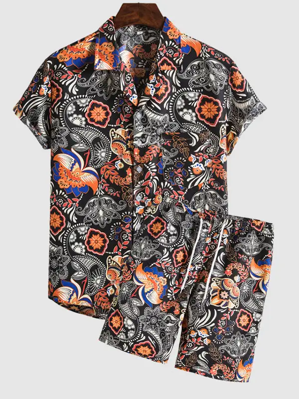 Men'S Paisley Print Short Sleeve Shirt Shorts Set