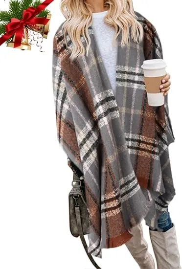 🎁Christmas Gifts🎁Women's Warm Plaid Poncho - Boho Open Front Shawl Wrap with Tassel