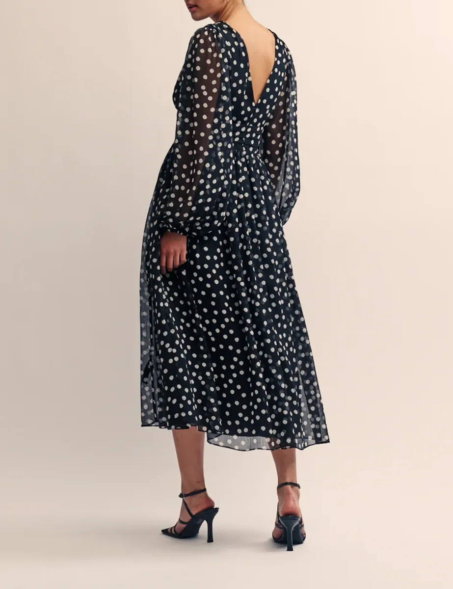 Polka Dot Puff Sleeve Midi Dress