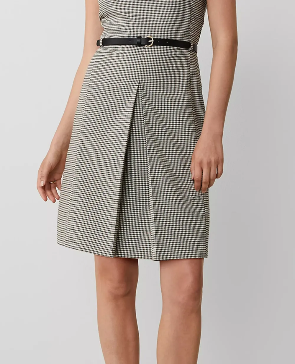 Houndstooth Pleat Front Belted Sheath Dress