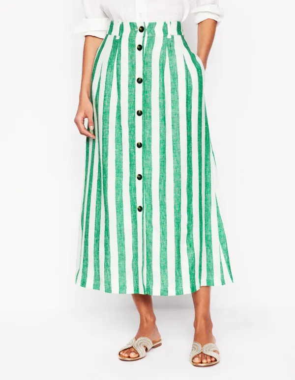 Green and White Striped Thomasina Linen Midi Skirt