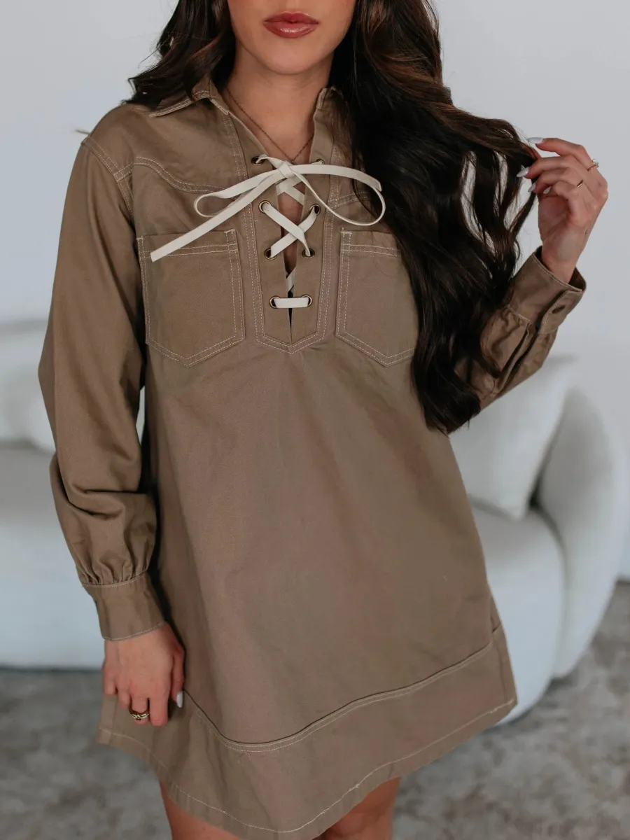 Lace-Up Front Long Sleeve Dress