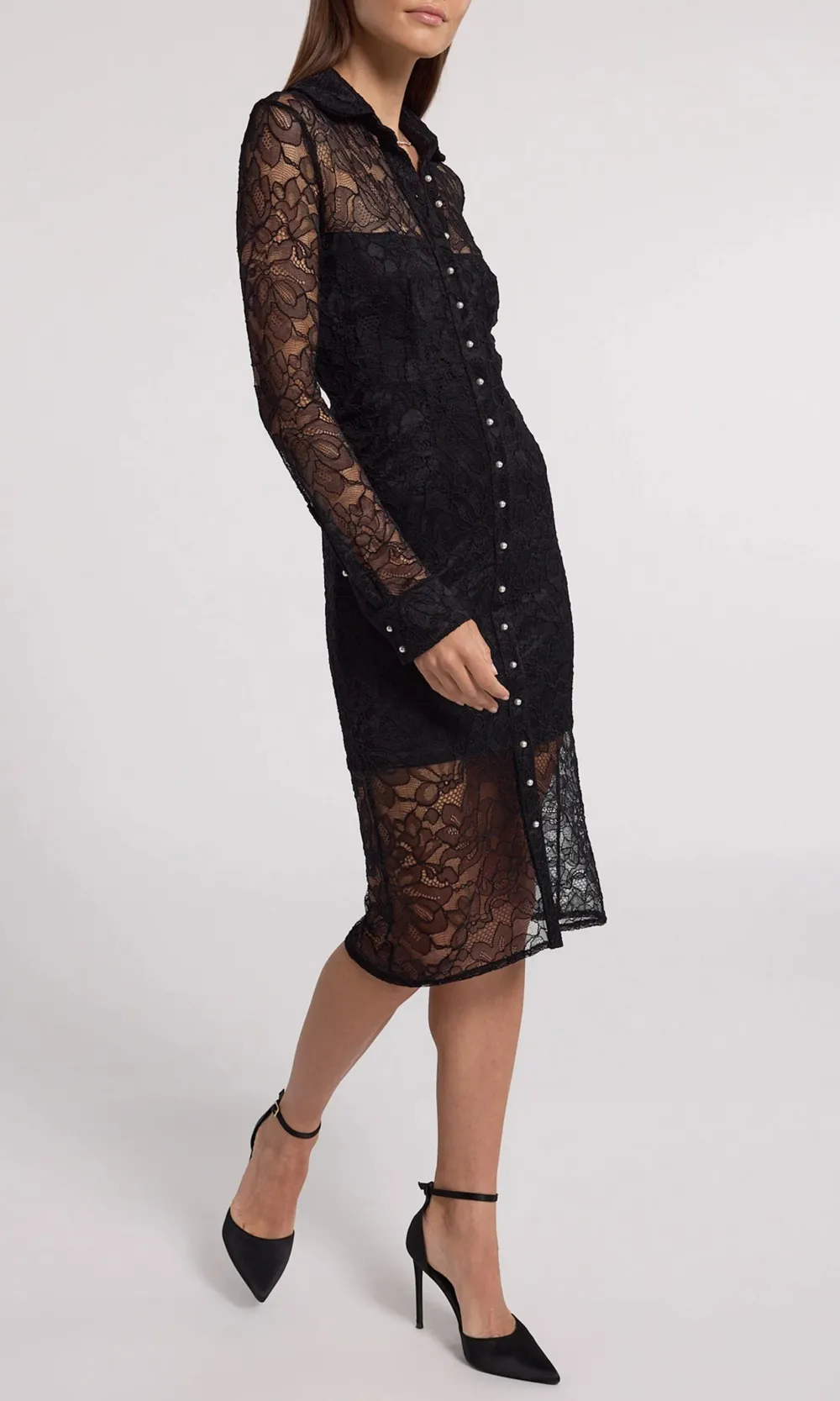 Lapel Long Sleeve Lace Panel Dress