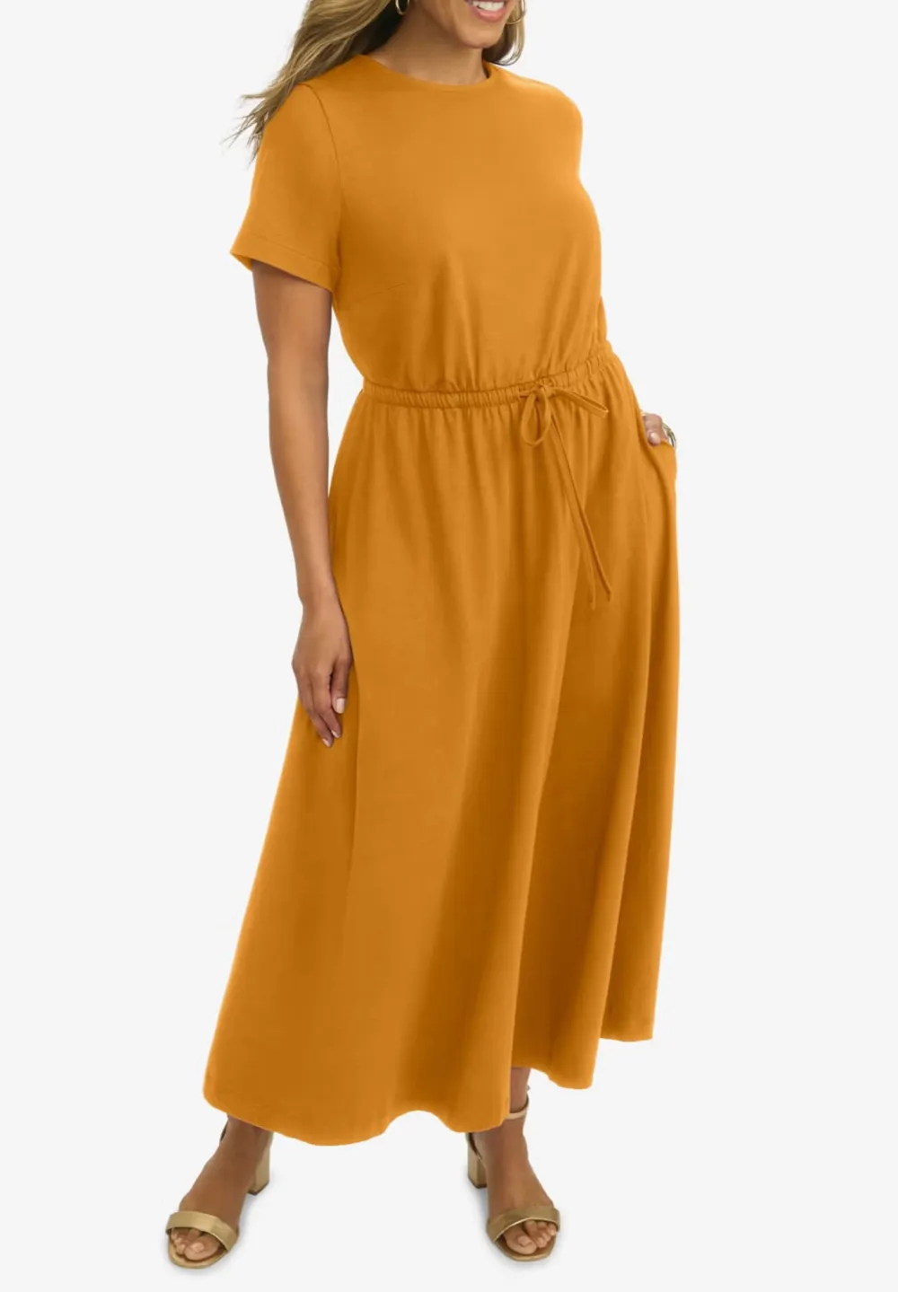 Solid Color Waist Cinched Round Neck Dress