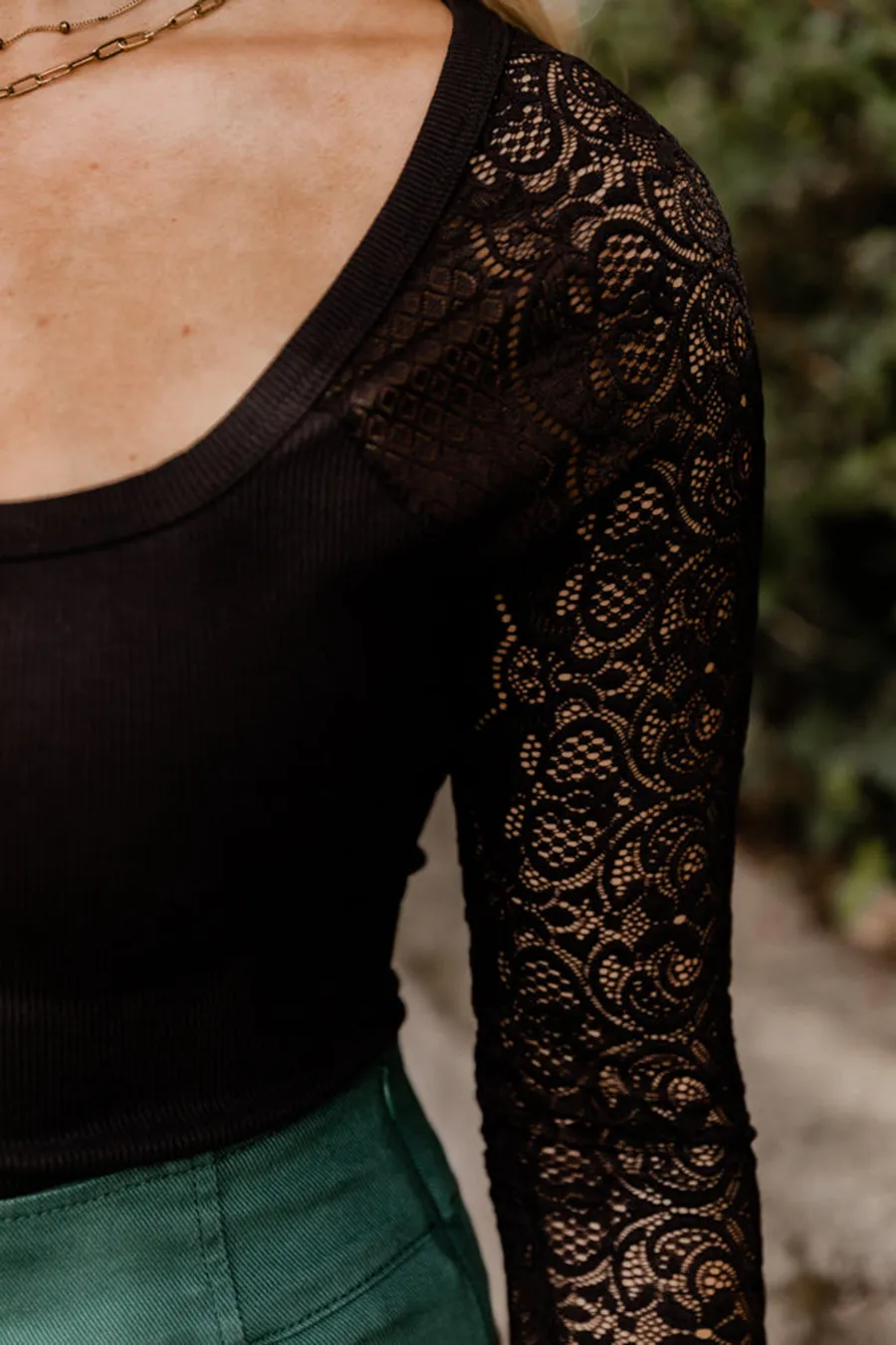 Black Lace Sleeve Square Neck Bodysuit