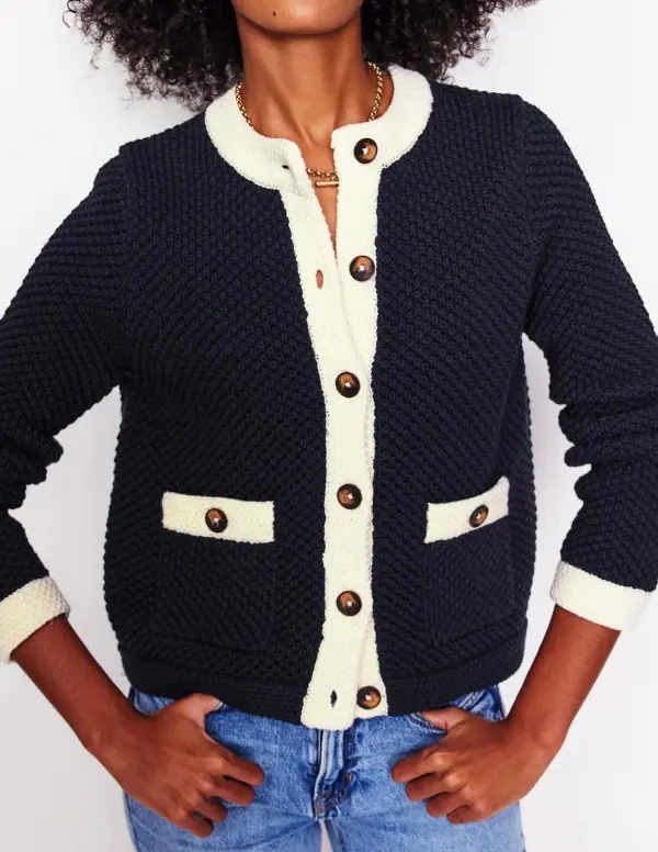 Navy and White Textured Knit Cardigan