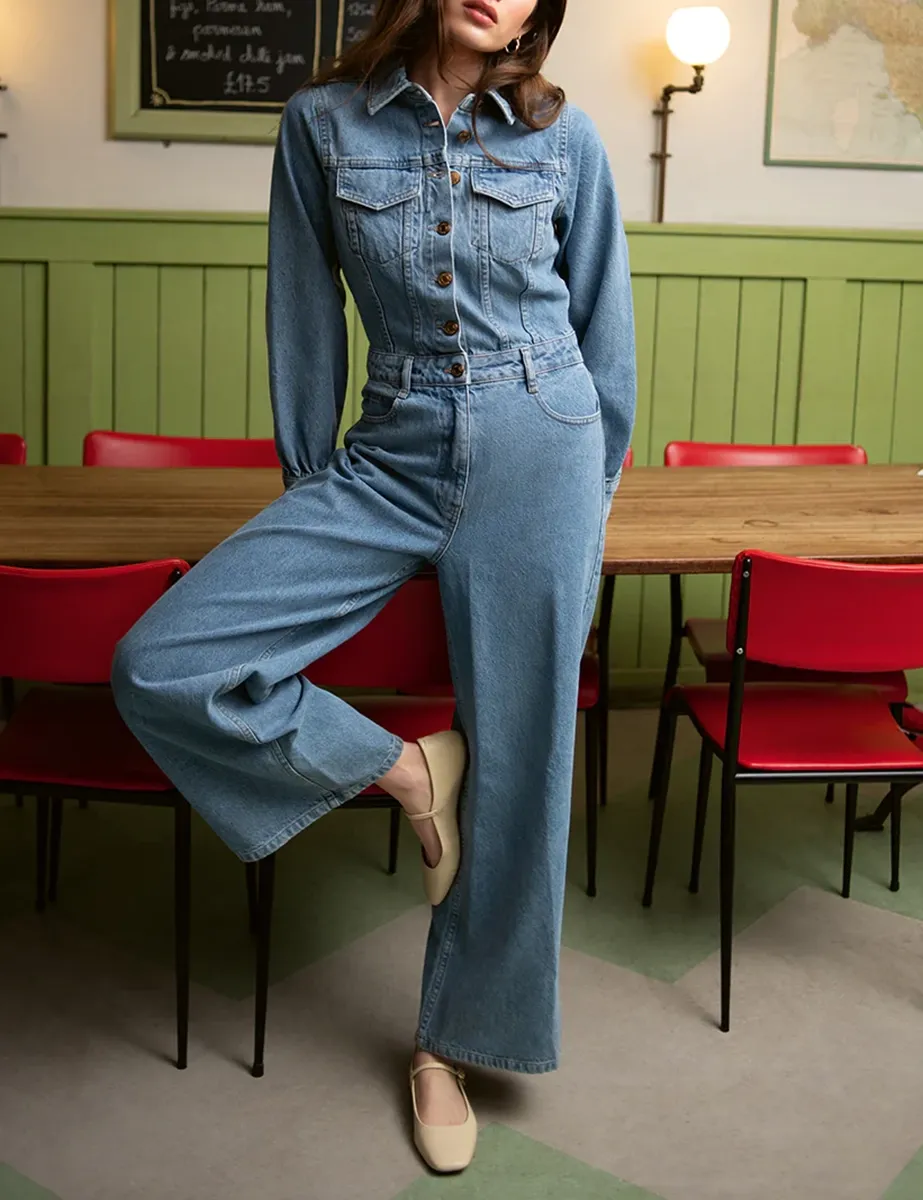 Light Wash Long Sleeve Denim Jumpsuit