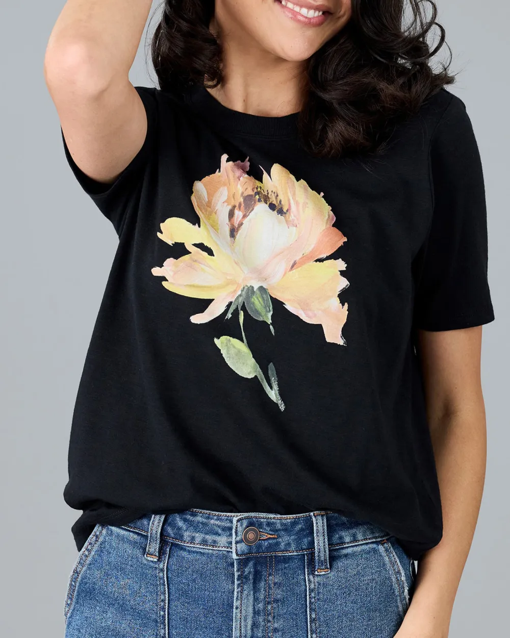 Black Graphic T-Shirt With Floral Print