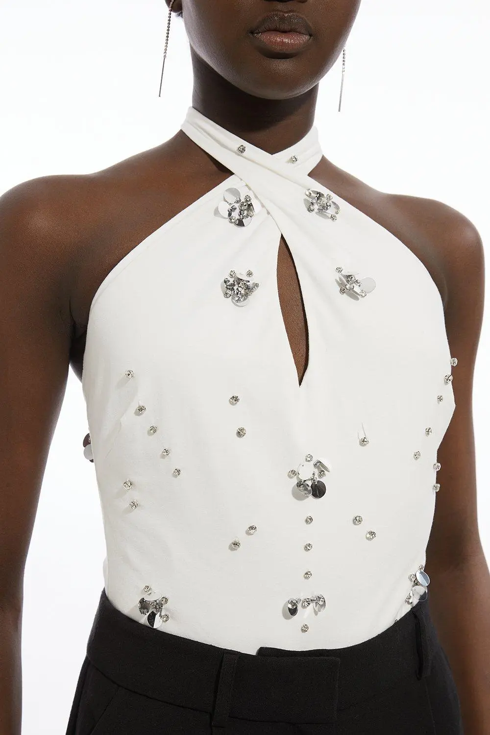 Embellished Stretch Cotton Halterneck Bodysuit