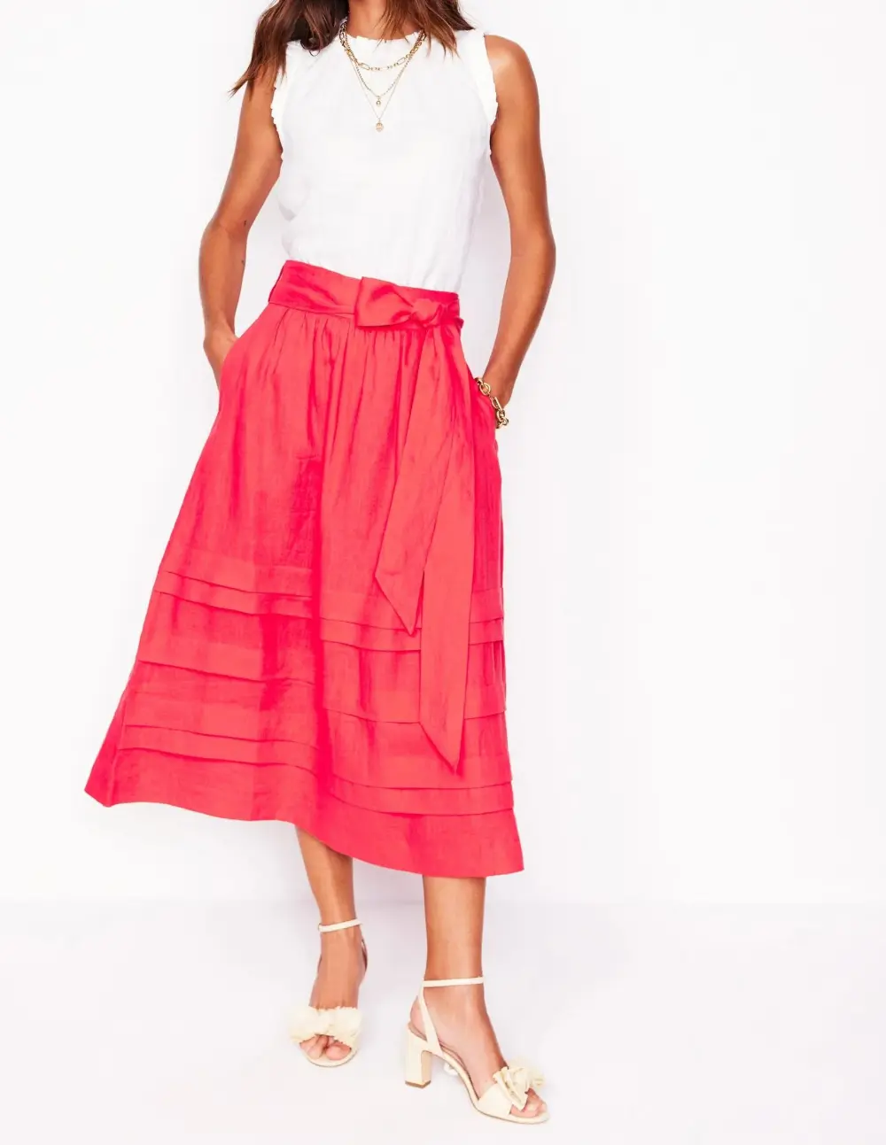 Coral Red Tiered Linen Midi Skirt