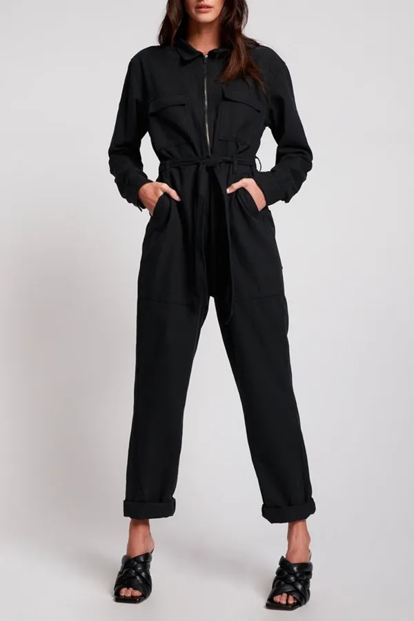 Black High-End Retro Lace-Up Waist-Cinching  Jumpsuit