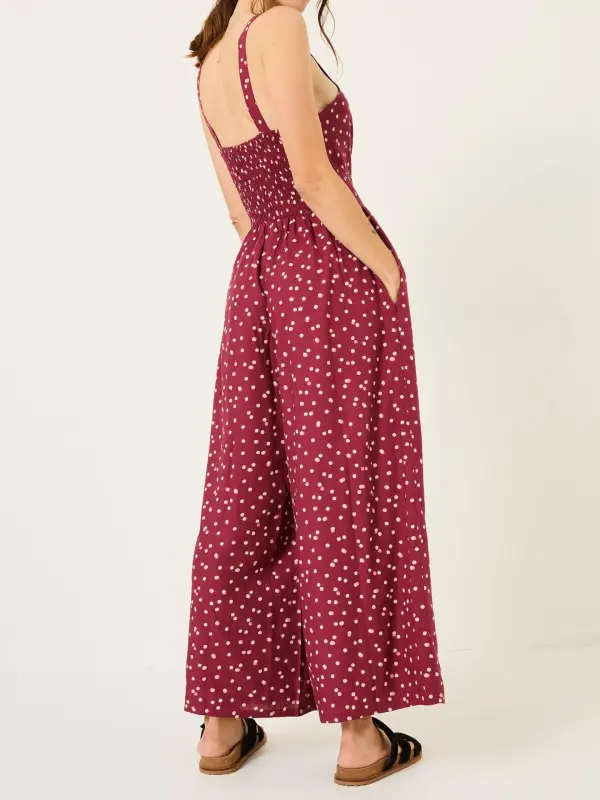 Burgundy Neckline Square Pattern Plain Jumpsuit
