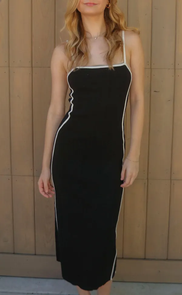 Black Contrast Trimmed Sleeveless Midi Dress