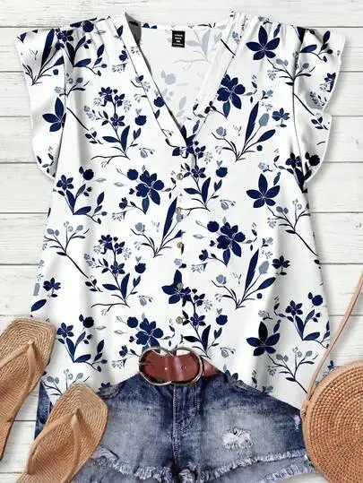 Floral V-Neck Casual Blouse