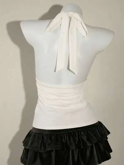 Ruched Cotton Halter Backless Top