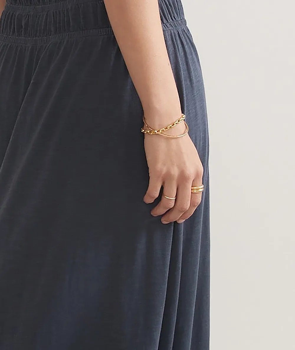 Navy Slub Fabric Midi Dress