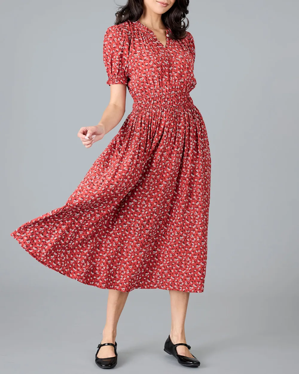 Red Mini Floral Print Midi Dress