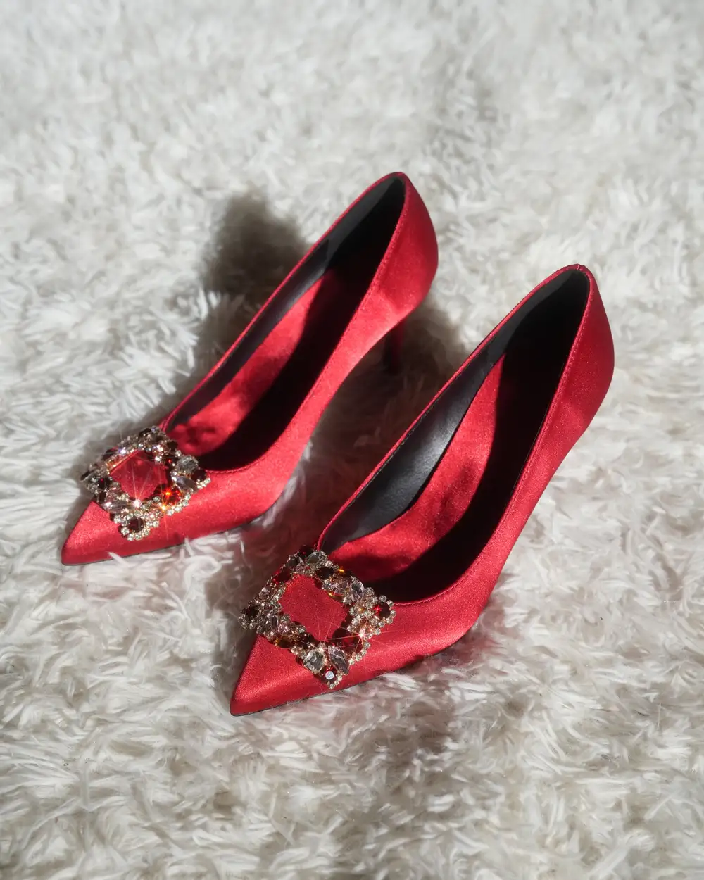 Rhinestone Buckle Satin Pumps in Red