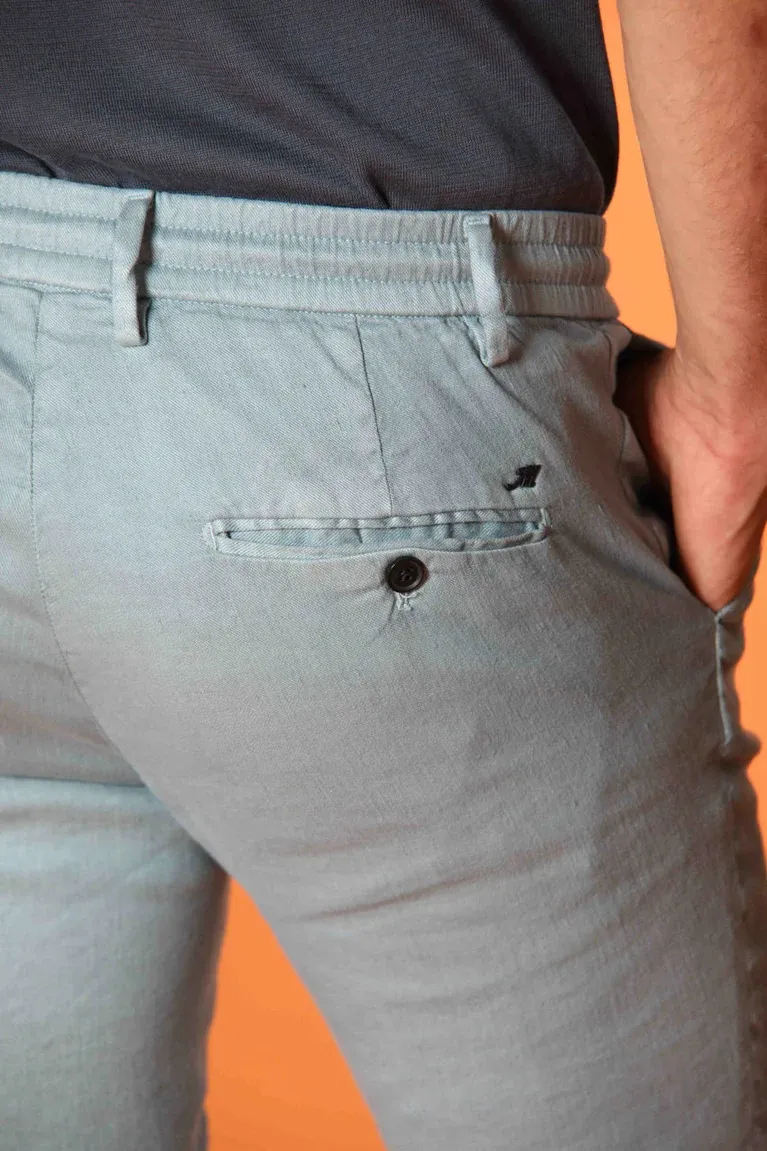 Men's Sky Blue Cotton and Linen Twill Elastic Waist Slim Fit Trousers