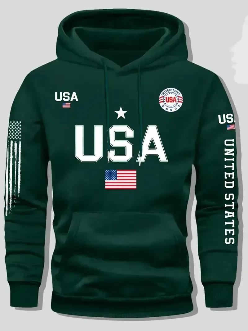 USA Flag Print Hoodie Men's Fleece Sweatshirt