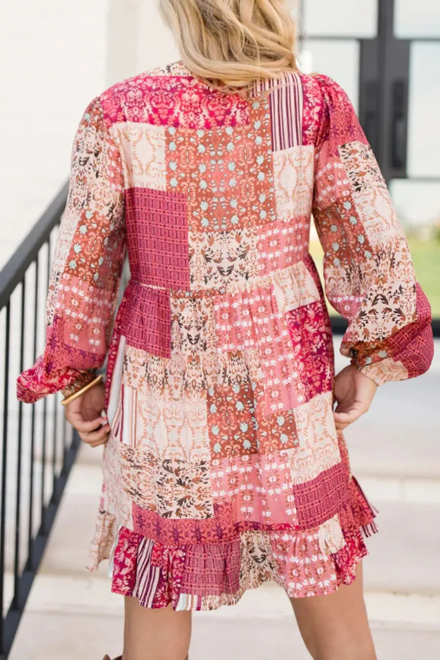 Patchwork Print Split V Baby Doll Dress