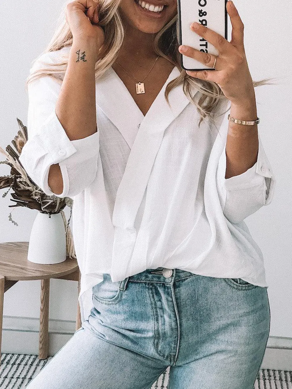 Casual Style V neckline White Top