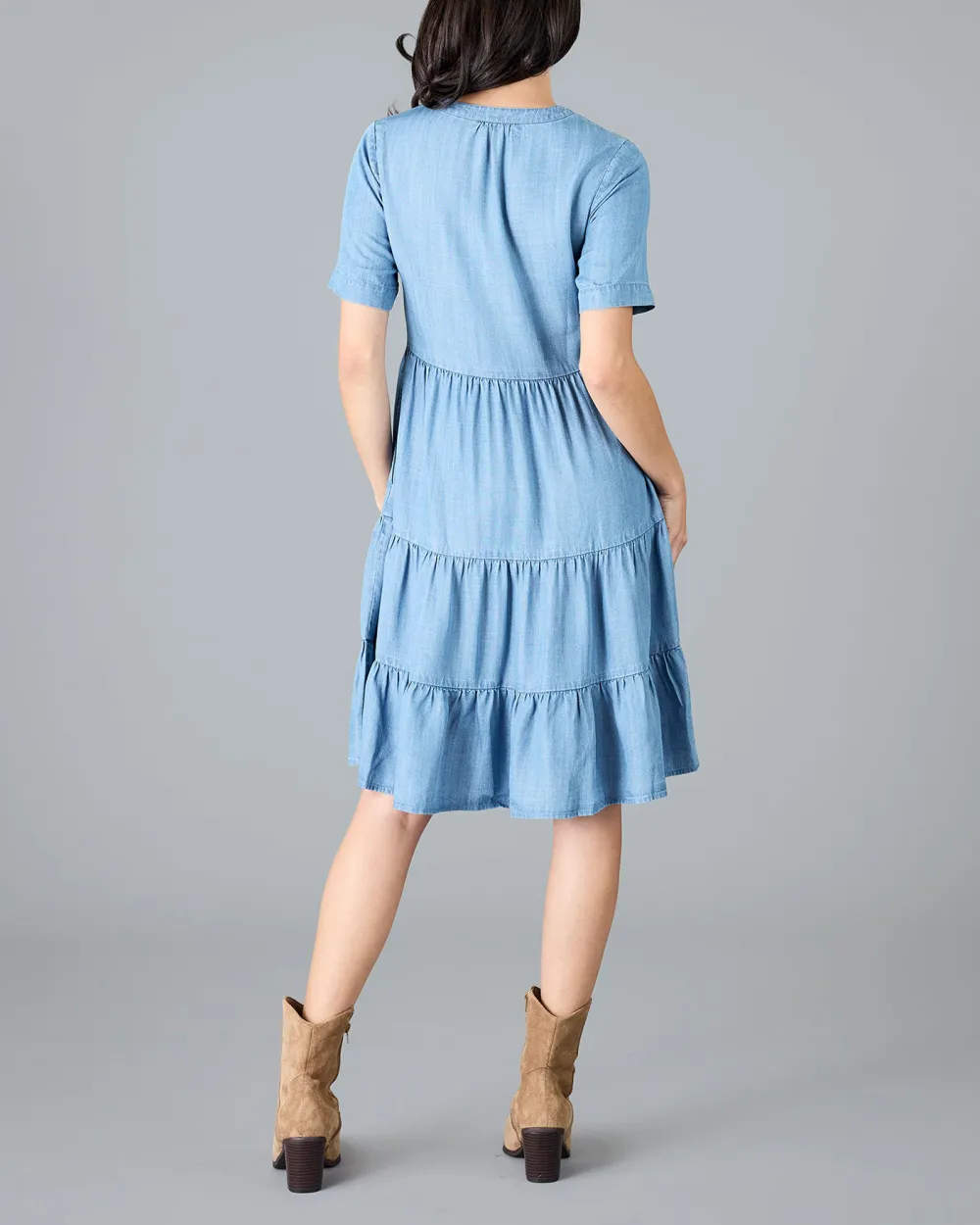Medium Blue Wash Button Down Ruffled Dress