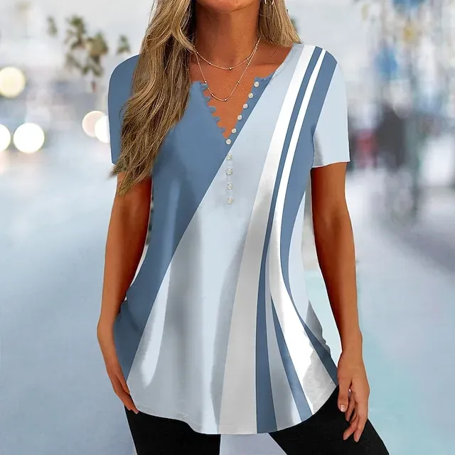 Women's T shirt Tee Black Pink Blue Color Block Button Print Short Sleeve Daily Weekend Basic V Neck Regular Painting S