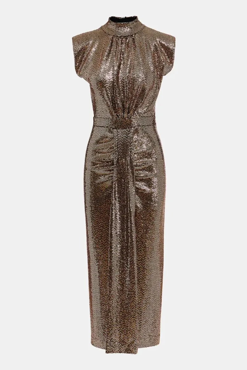 Sleeveless Ruched Waist Midi Dresses