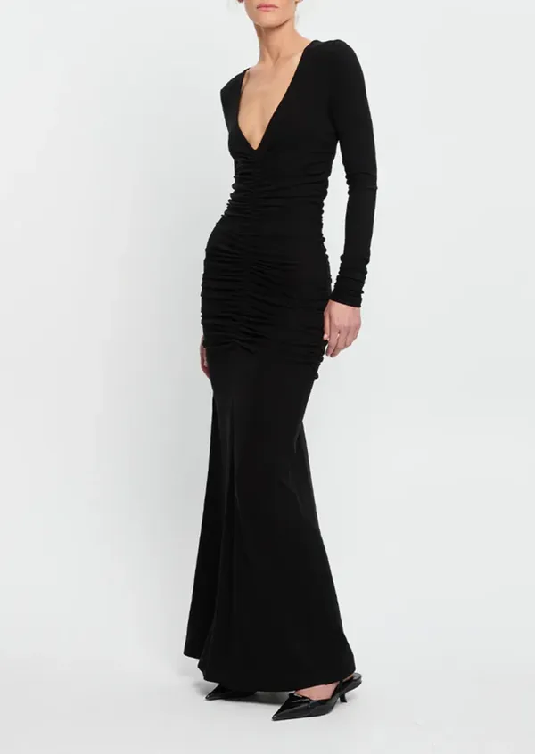 Long Sleeved V Neck Ruched Maxi Dress