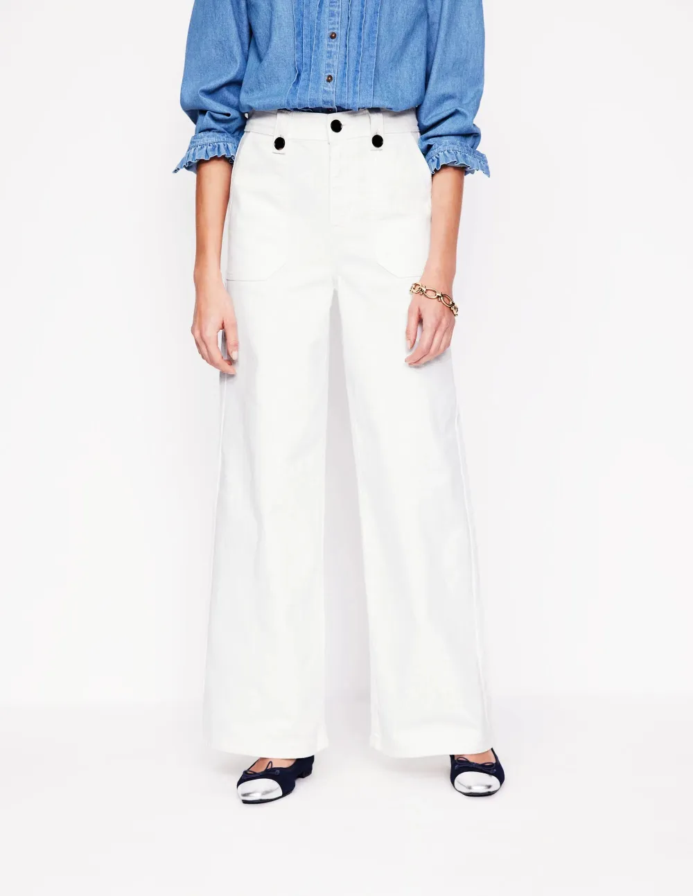 White Wide - Leg Linen Pants with Striped Detail