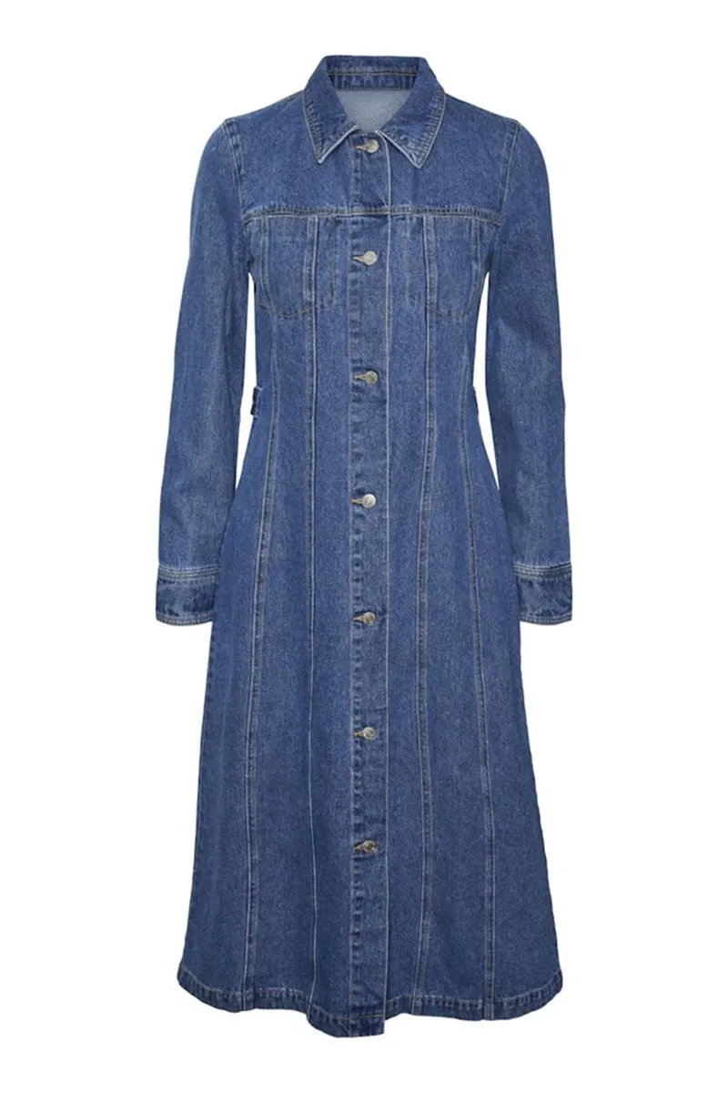 Denim Button Front Long Sleeve Dresses