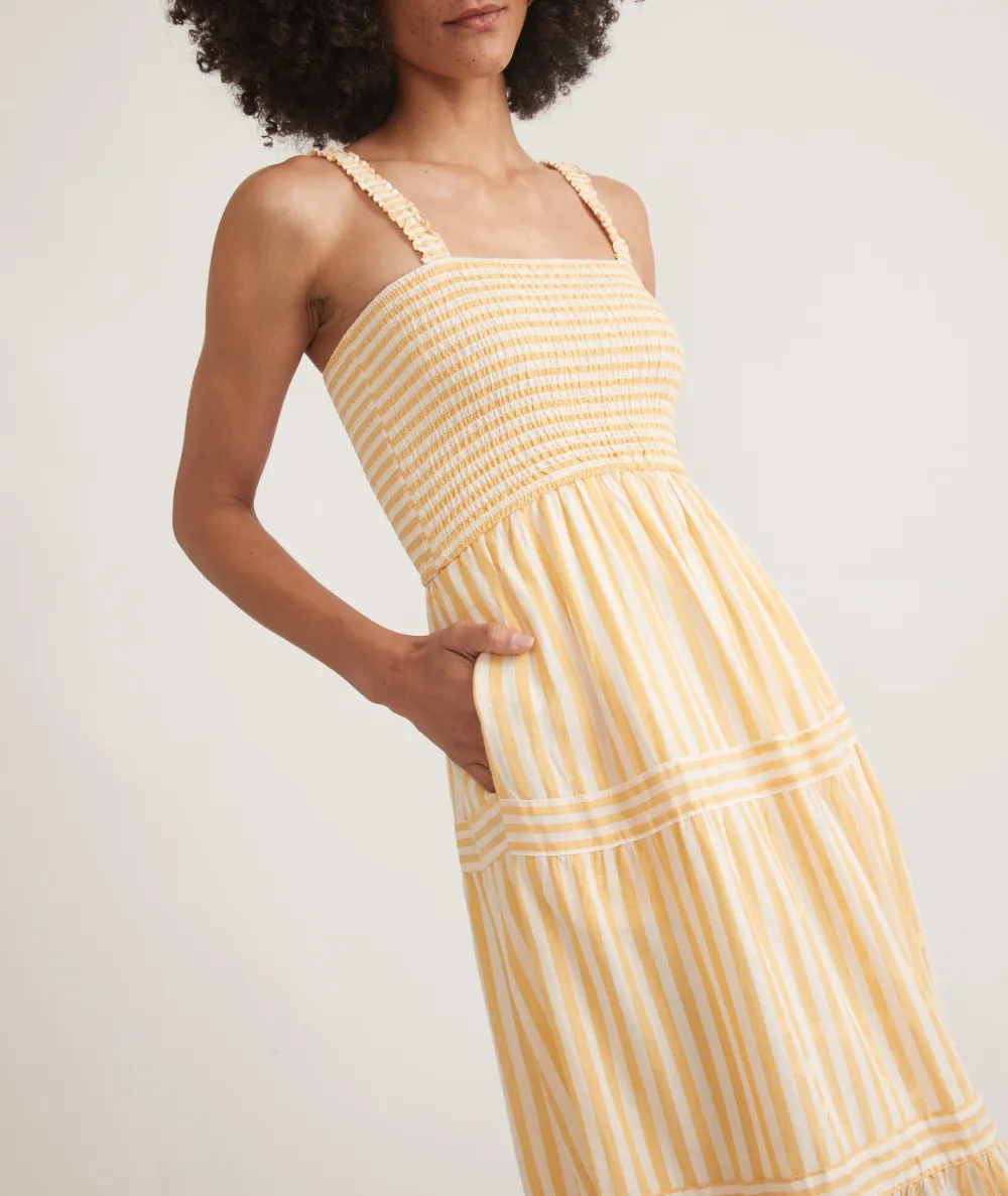 Yellow Striped Tiered Midi Dress