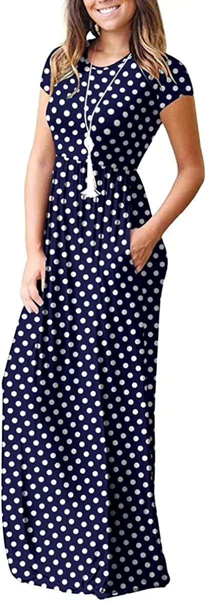 Women's Short Sleeve Loose Plain Maxi Dresses Casual Long Dresses with Pockets
