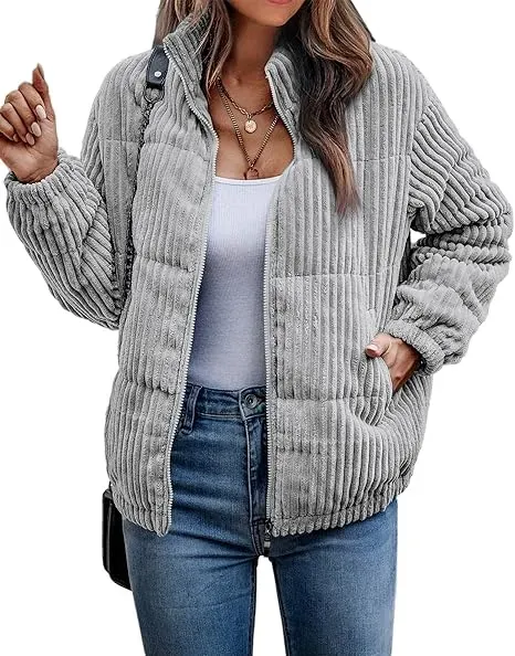 Women's Bomber Jacket Corduroy Ribbed Quilted Zip Up Long Sleeve Winter Coat