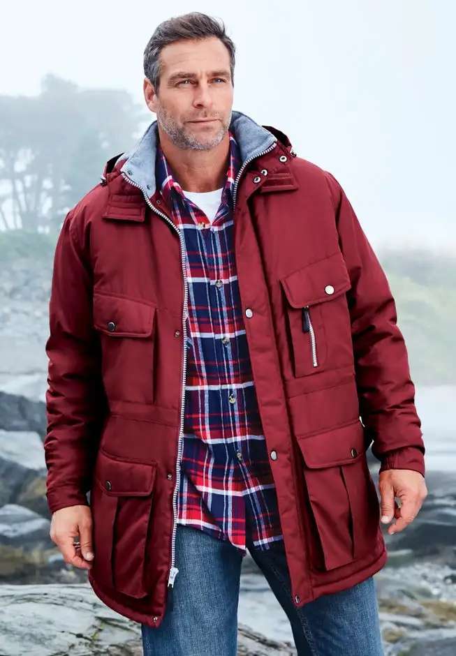 Fleece-Lined Parka with Detachable Hood and 6 Pockets