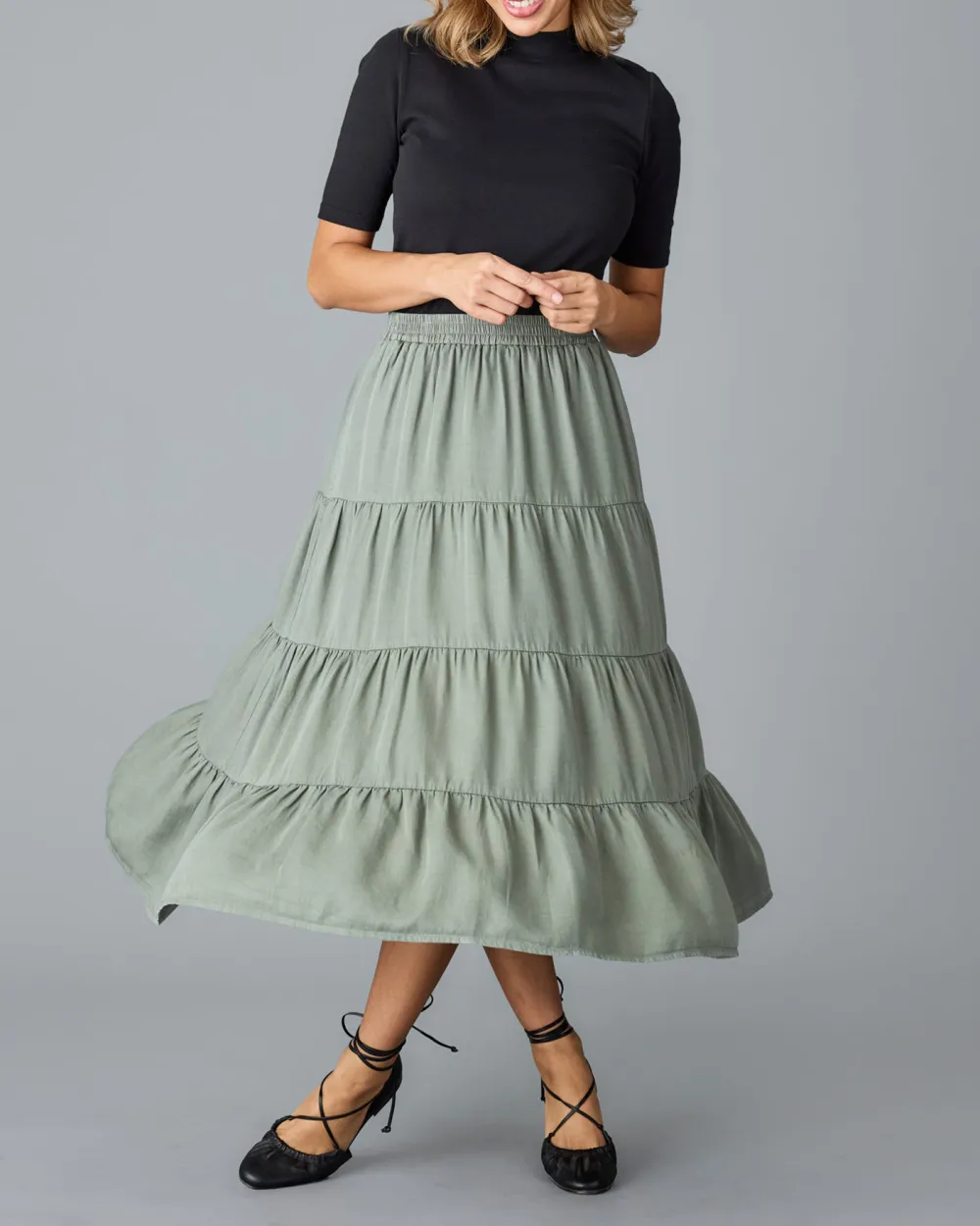 Olive Green Ruffled Midi Skirt