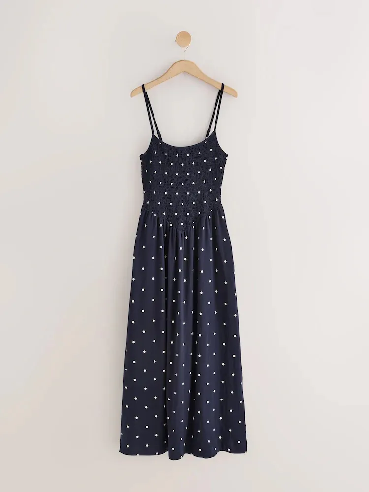 Navy Blue Polka Dot Maxi Square Neck Shirred Strappy Dress