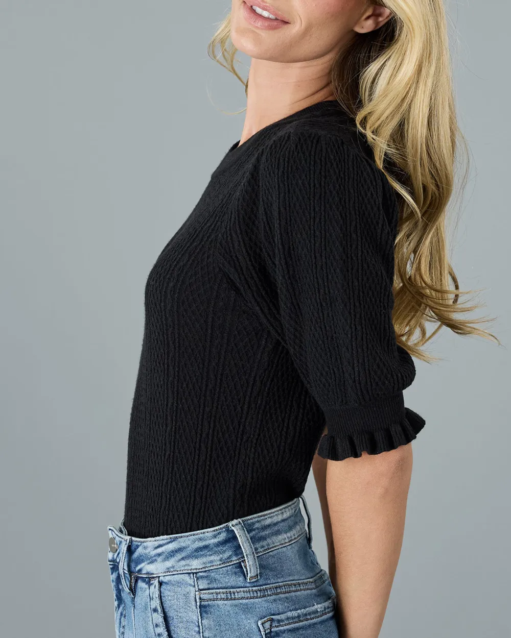 Black Textured Short Sleeve Sweater
