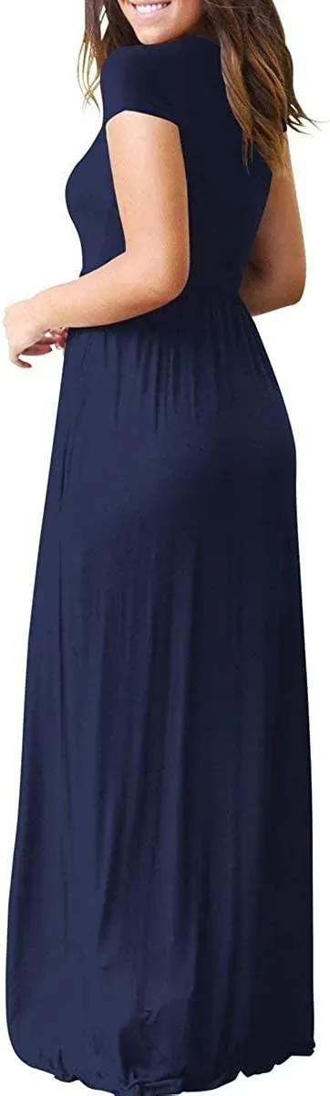 Women's Short Sleeve Loose Plain Maxi Dresses Casual Long Dresses with Pockets