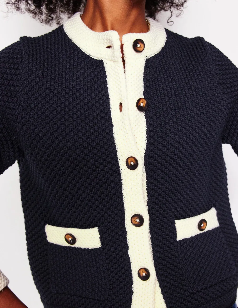 Navy and White Textured Knit Cardigan