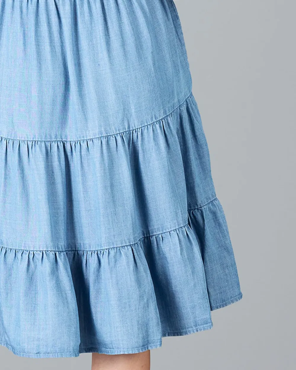 Medium Blue Wash Button Down Ruffled Dress