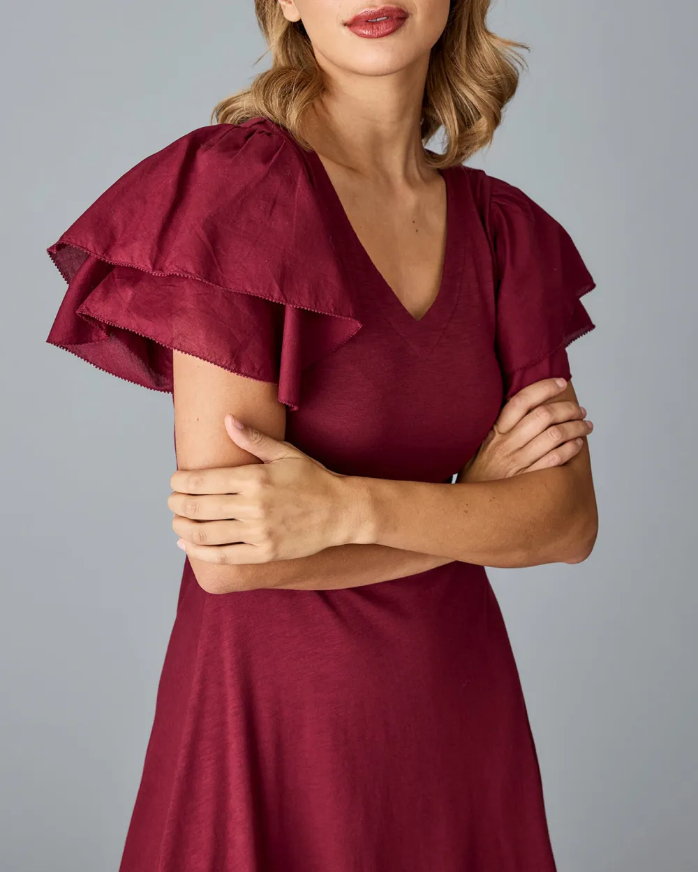 V Neck Flutter Sleeves Midi Dress